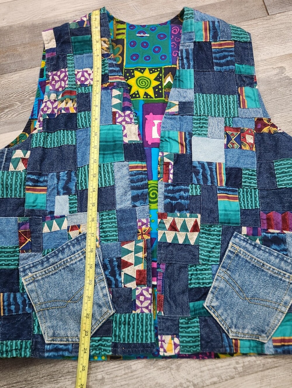 Colorful Patchwork Denim Vest - Teal, Blue & Multicolor One Of Kind Vest